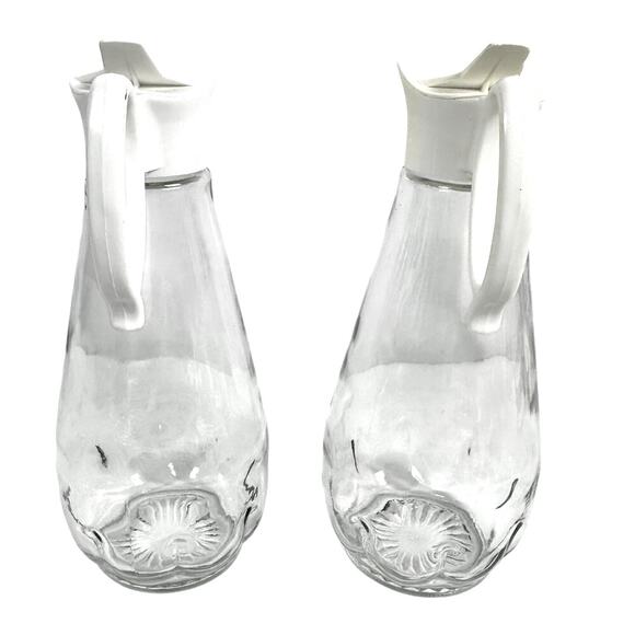 Log Cabin Vintage Glass Syrup Pitchers Flip Top Plastic Lids-Set of 2! - Picture 2 of 9